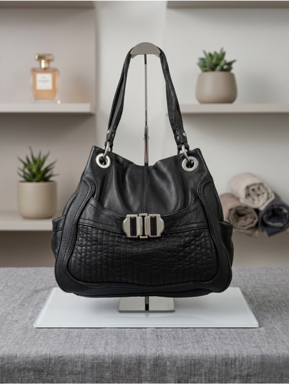 b. makowsky Black Leather Shoulder Bag with Silver Hardware